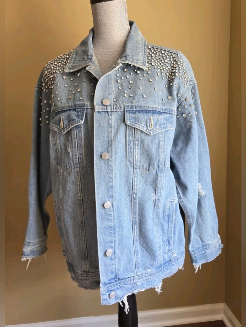 SUNSET+SPRING Rhinestone Distressed Denim Jacket Medium Wash L NWT